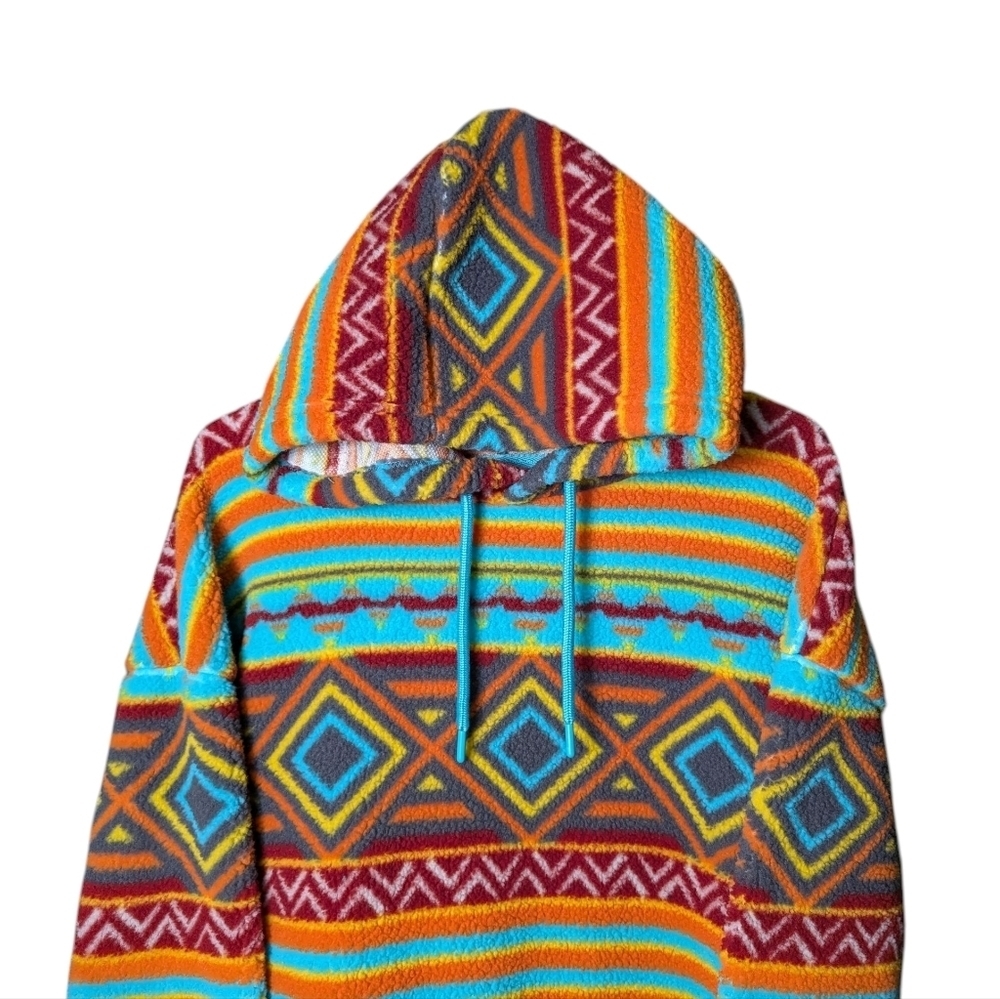 RF Aztec Bright Colorful Geometric Pattern Hoodie Drawstring Turquoise Like New - Picture 9 of 12